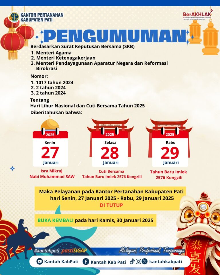 BPN Pati Libur Pelayanan dalam Rangka Hari Libur Nasional Isra’ Mi’raj dan Cuti Bersama Tahun Baru Imlek