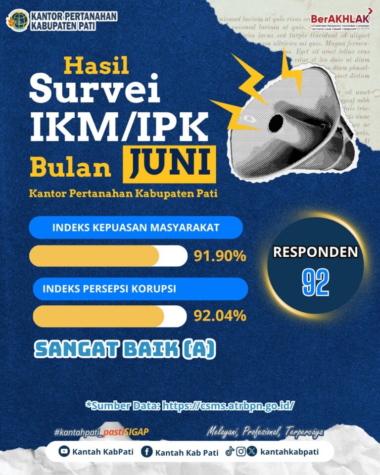Kantor Pertanahan Kabupaten Pati Umumkan Hasil Survei: Persepsi Kualitas Pelayanan dan Persepsi Anti Korupsi Bulan Juni Capai Tingkat Sangat Baik