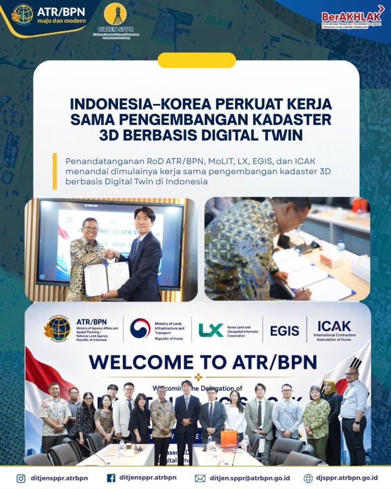 Kementerian Agraria dan Tata Ruang/Badan Pertanahan Nasional (ATR/BPN) melalui Direktorat Jenderal Survei dan Pemetaan Pertanahan dan Ruang (SPPR) melaksanakan penandatanganan Record of Discussion (RoD) Proyek Digital Twin-based 3D Cadastre for the Realization of Digital Smart City in Indonesia bersama delegasi Kementerian Pertanahan, Infrastruktur, dan Transportasi Republik Korea (MoLIT), Korea Land and Geospatial Informatix Corporation (LX), EGIS, dan International Contractors Association of Korea (ICAK