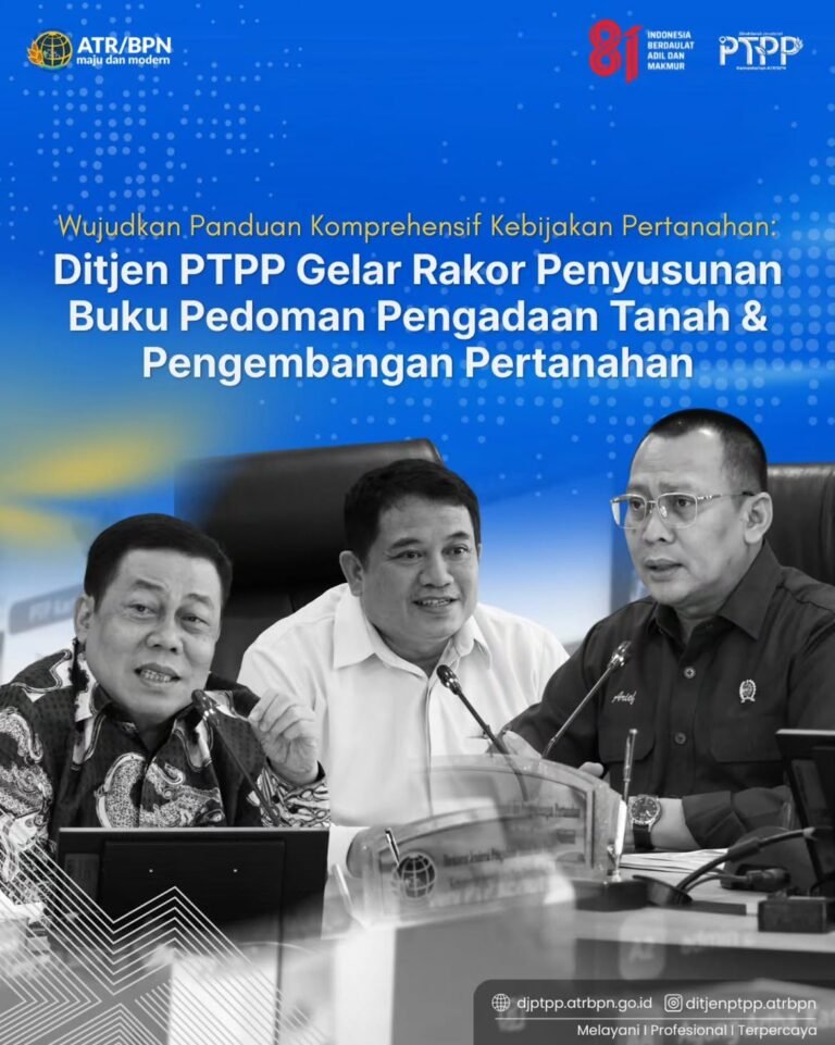 Direktorat Jenderal Pengadaan Tanah dan Pengembangan Pertanahan (Ditjen PTPP) menyelenggarakan Rapat Koordinasi guna membahas usulan rancangan sekaligus pemaparan kerangka Buku Pertama Pedoman Pengadaan Tanah bagi Pembangunan untuk Kepentingan Umum. Pertemuan ini diselenggarakan secara luring di Ruang Rapat 201, Lantai 2, Ditjen PTPP, serta secara daring