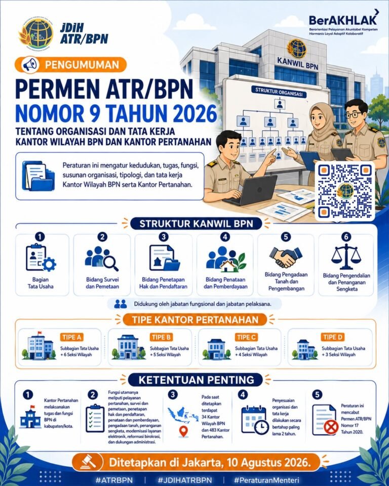 Telah dipublikasikan Peraturan Menteri Agraria dan Tata Ruang/Kepala Badan Pertanahan Nasional Nomor 9 Tahun 2026 tentang Organisasi dan Tata Kerja Kantor Wilayah BPN dan Kantor Pertanahan