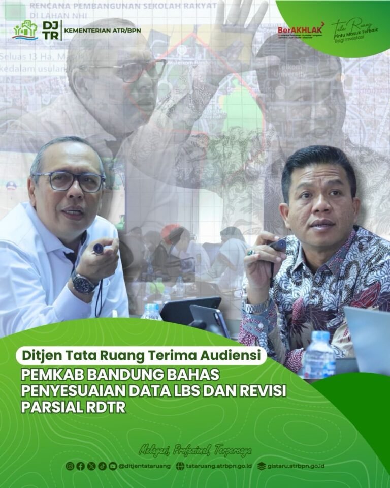 Direktorat Jenderal Tata Ruang Kementerian ATR/BPN menerima kunjungan Pemerintah Kabupaten (Pemkab) Bandung dalam rangka audiensi dengan beberapa pembahasan, di antaranya terkait Lahan Pertanian Pangan Berkelanjutan (LP2B) Kabupaten Bandung, serta penyesuaian tata ruang guna mengakomodasi perizinan investasi di Kabupaten Bandung. Audiensi ini berlangsung di Ruang Rapat Bromo, Gedung Direktorat Jenderal Tata Ruang