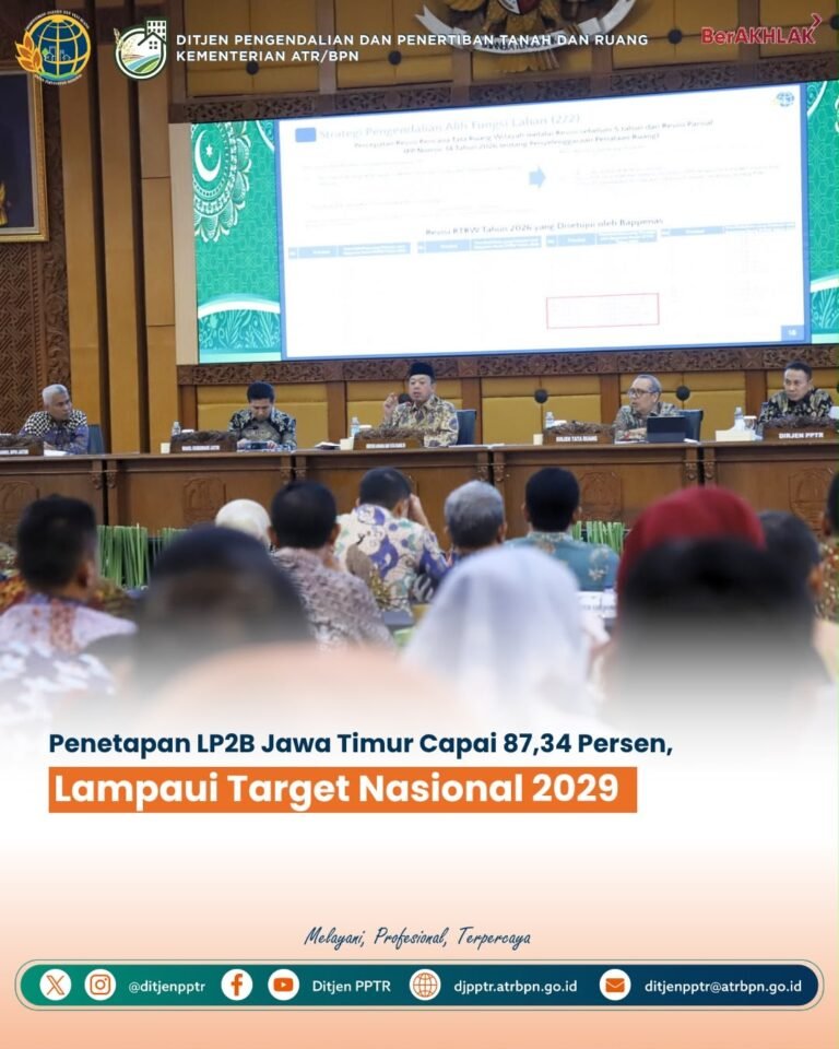 SobatPPTR, Penetapan Lahan Pertanian Pangan Berkelanjutan (LP2B) di Jawa Timur telah mencapai 87,34 persen dari Lahan Baku Sawah (LBS), melampaui target nasional 87 persen untuk 2029