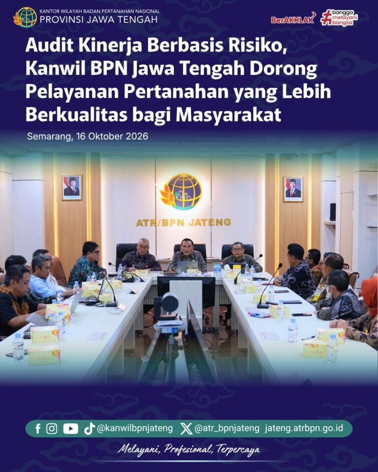 Kantor Wilayah Badan Pertanahan Nasional (BPN) Provinsi Jawa Tengah menerima kunjungan Inspektur Wilayah II, Tri Wibisono, dalam rangka kegiatan Audit Kinerja Berbasis Risiko di lingkungan Kanwil BPN Provinsi Jawa Tengah
